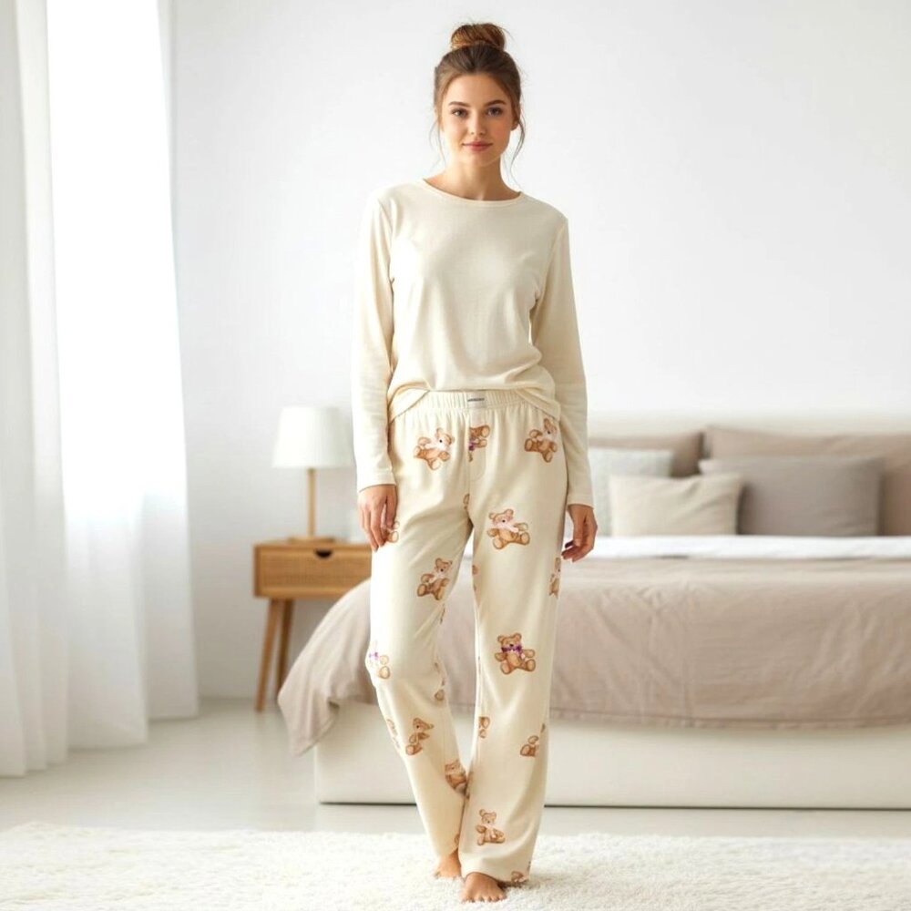 Joyspun Women’s Velour Sleep Pants 2XL Wide Leg Teddy Bear Print Plush Pajamas
